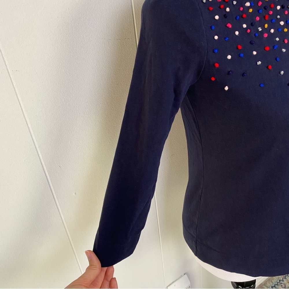 Talbots 3/4 sleeves multicolor embellish mini pom pom top Navy Blue Sz Petite P - Picture 12 of 12